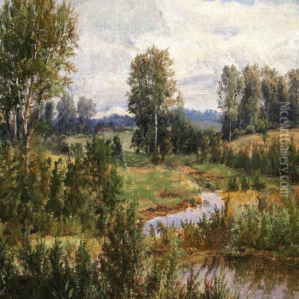 Landscape With Trees And A Stream Through A Stretch Of Boggy Land Oil Painting - Dankvart Dreyer