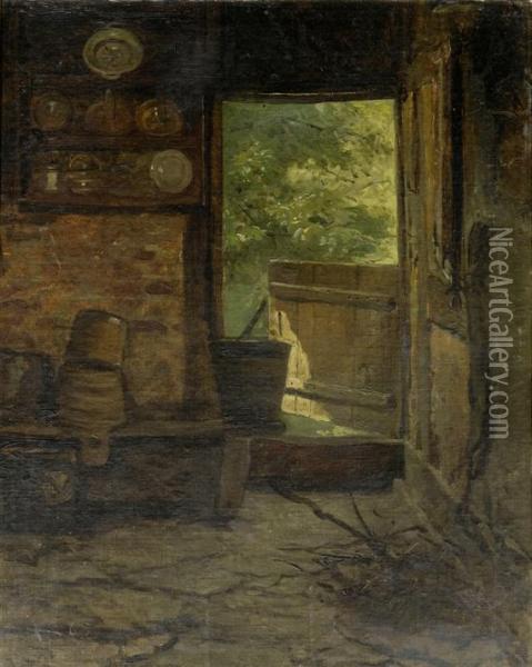 View Inside A Mountain Hut Oil Painting - Rudolf Koller