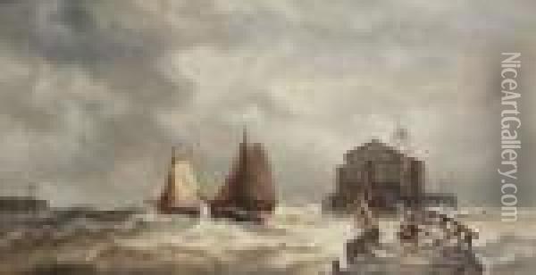 Vissers Bij Stormachtig Weer 
Ophouten Pier, Paar Vissersboten In De Nabijheid En Stoomboot In 
Deverte. Oil Painting - Francois Etienne Musin