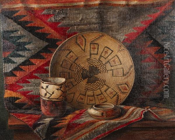 Indian Basket And Bowls On An Indian Blanket Oil Painting - Frederick John Behre