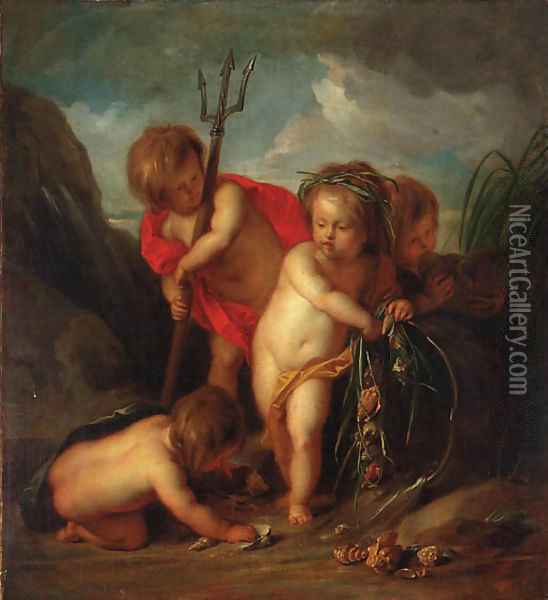 An allegory of water putti desporting with the attributes of Neptune Oil Painting - Jacob de Wit