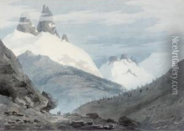 Between Chamonix And Martigny - The Aiguille Verte Oil Painting - John Robert Cozens