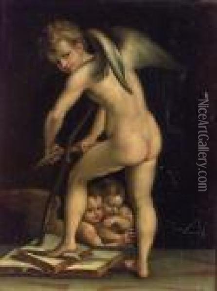 Cupid Carving His Bow. Oil Painting - Girolamo Francesco Maria Mazzola (Parmigianino)