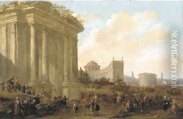 A capriccio of classical architecture in a town with soldiers and oriental merchants Oil Painting - Jacob Van Der Ulft
