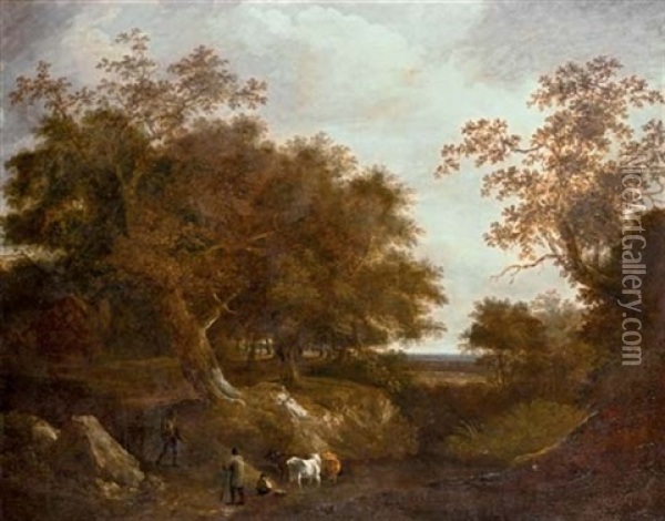 Travelers On A Path With Cattle Watering At A Pool In A Wooded Landscape Oil Painting - Thomas Barker
