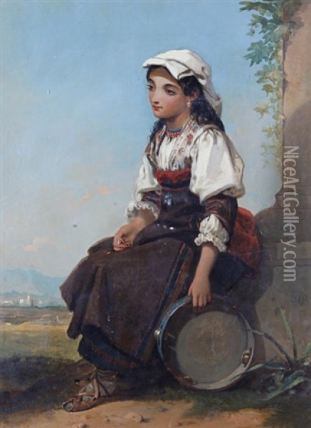 The Italian Tambourine Girl (+ Herd Boy; 2 Works) Oil Painting - Thomas Jones Barker