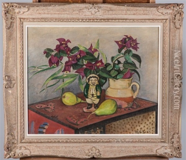 Table Japonisante Avec Fleurs, Marionnette Et Poires Oil Painting - Alcide-Marie le Beau