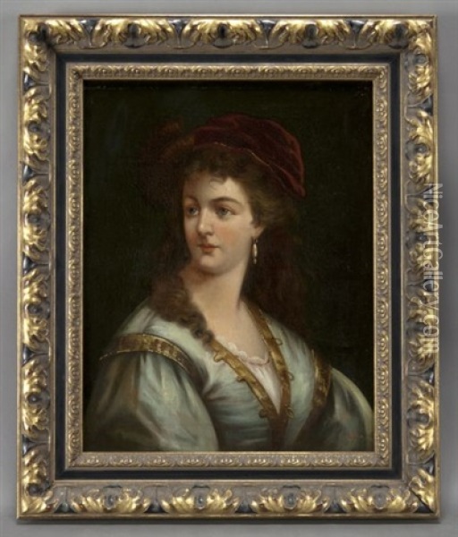 Portrait Of A Lady In A Velvet Cap Oil Painting - Anton Ebert