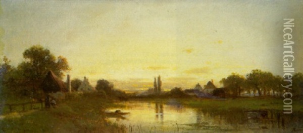 Sonnenuntergangsstimmung An Einem Dorfweiher Oil Painting - Adolf Heinrich Lier
