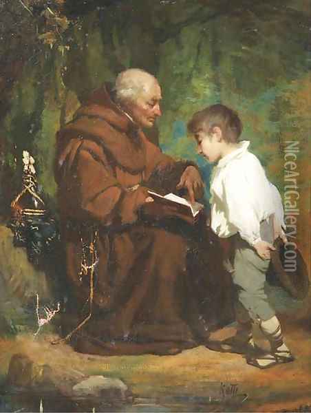 Monk reading to a boy Oil Painting - Italian School