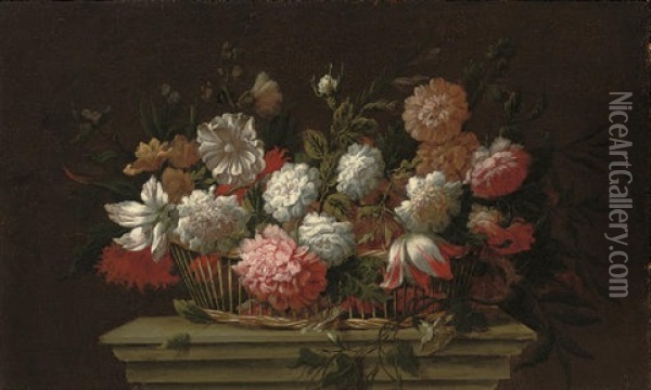 Carnations, Chrysanthemums, Roses, A Parrot Tulip And Other Flowers In A Basket Oil Painting - Pieter Hardime