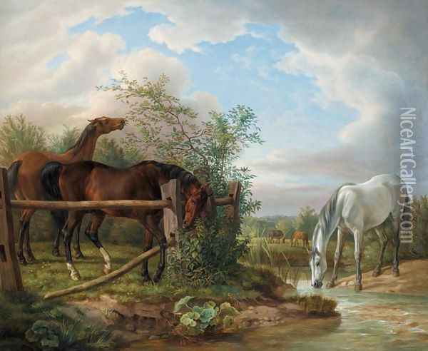 Thoroughbreds in a Paddock (Vollbluter auf der Koppel) Oil Painting - Albrecht Adam