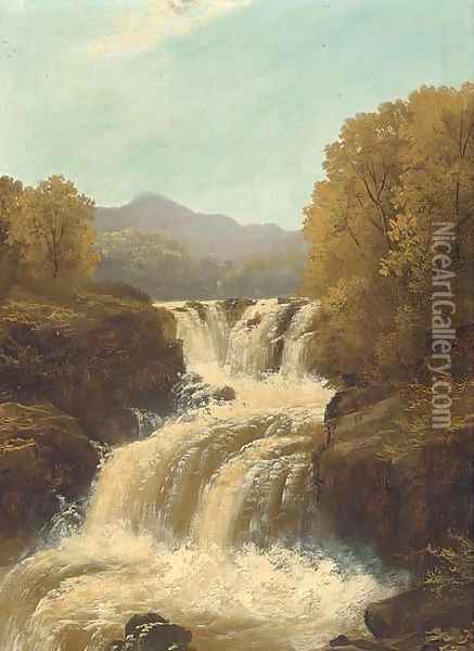 A waterfall in full spate; and A tranquil pool Oil Painting - John Brandon Smith