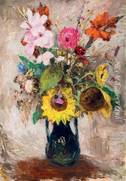 Still Life With Sunflower Oil Painting - Bela Ivanyi Gruenwald