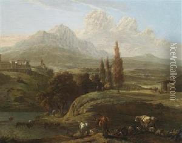 Shepherds With Animals On The Banks Of A River In The Abruzzo Region Near Penne Oil Painting - Willem Romeyn