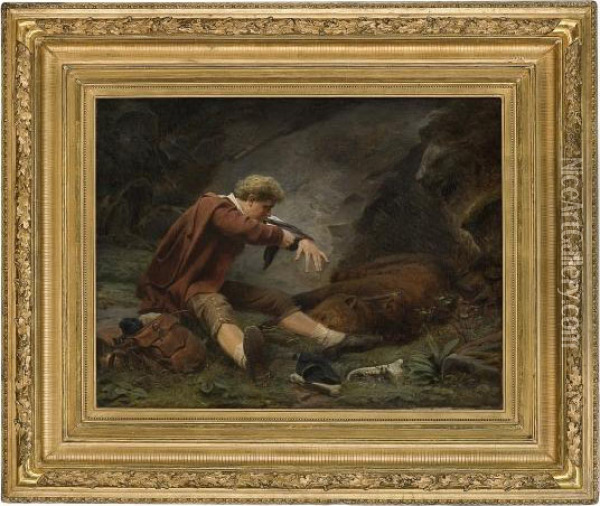 Wounded Bear Hunter Oil Painting - Knud Bergslien