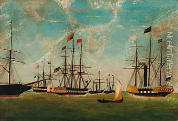 Shipping at anchor Oil Painting - English Provincial School