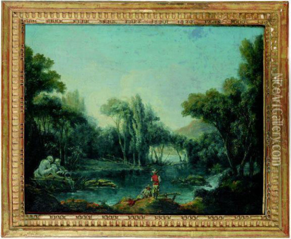 River Landscape With Figures Oil Painting - Jean Baptiste Sarrazin