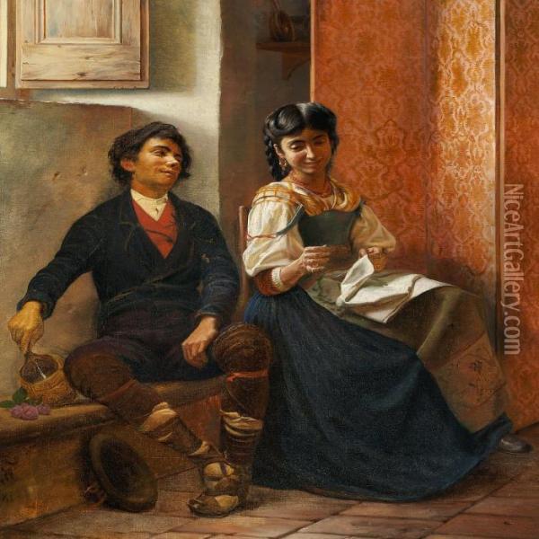 Italian Genre Scene Witha Young Couple Flirting Oil Painting - Carl Christian Thomsen