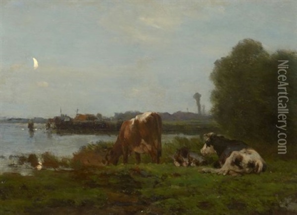Vaches Dans Un Pre Au Clair De Lune Oil Painting - Pieter Stortenbeker