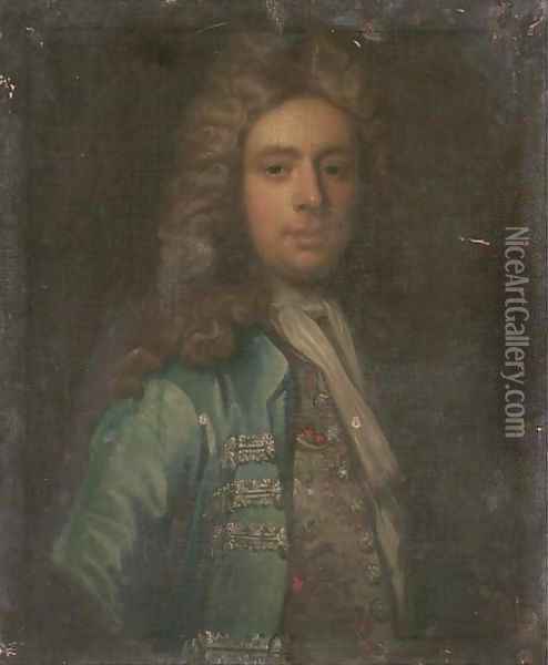 Portrait of a gentleman, bust-length, in a blue coat and embroidered waistcoat Oil Painting - Johann Closterman