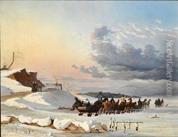 Swedish Sledges On Their Way Back After Having Sold Goods In Copenhagen. The Slope At Skovshoved. Painted In Nyboder In The Winter Oil Painting - Johan Thomas Lundbye
