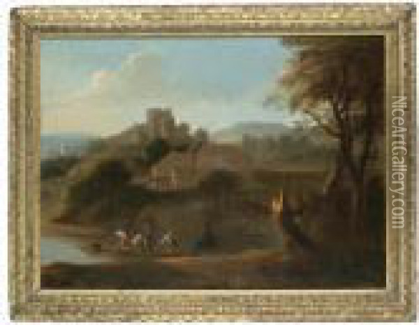 An Italianate Riverlandscape 
With Cavalrymen On A Boat In The Foreground, A Fortified Town On A 
Hilltop Beyond Oil Painting - Jan Wyck