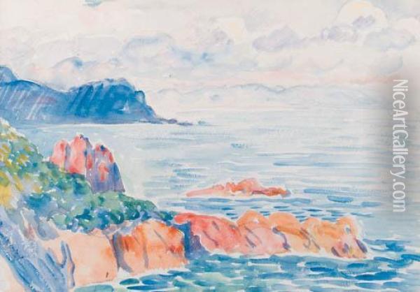 A Mediterranean Coastal Landscape Oil Painting - Theo van Rysselberghe