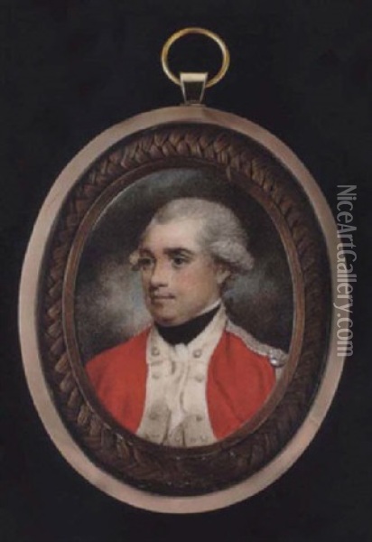 An Infantry Officer With Powdered Hair En Queue, Wearing Scarlet Uniform, Black Stock And White Cravat Oil Painting - Samuel Shelley