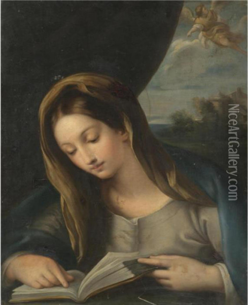 The Madonna Reading, The Angel Gabriel Approaching From The Sky Oil Painting - Carlo Maratta or Maratti