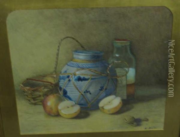Still Life With Apples, 
Pottery And Wickerbasket Oil Painting - Kate Hunter