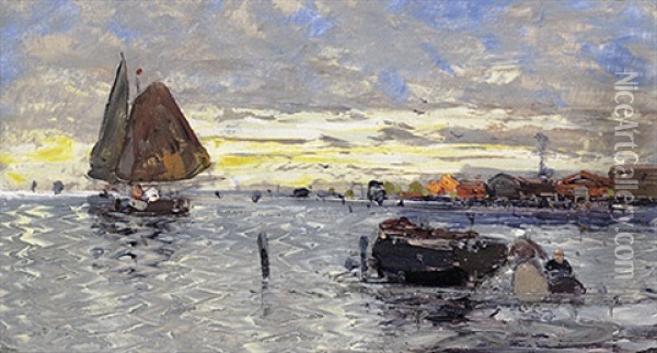 Morgendliche Marine Mit Fischerbooten Oil Painting - Georg Fischhof
