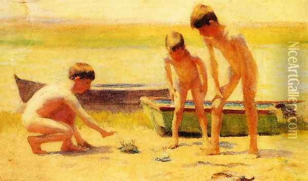 Boys Playing with Crabs Oil Painting - Thomas Pollock Anschutz