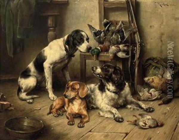 An English Pointer, A Dachshund And An English Springer Spanielafter The Hunt Oil Painting - Carl Reichert