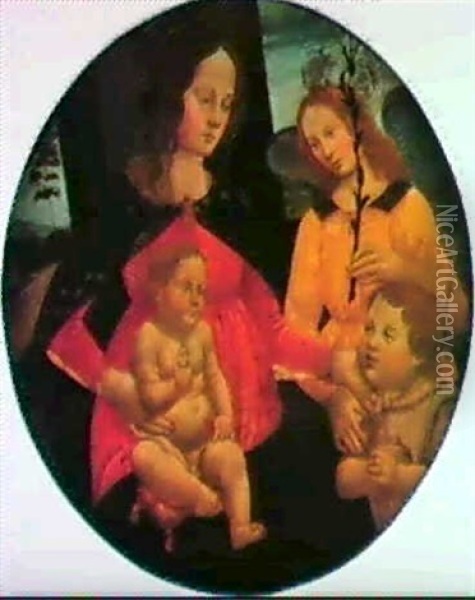 A Tondo: The Madonna And Child With The Infant Saint        John The Baptist And An Angel Oil Painting - Sebastiano di Bartolo Mainardi