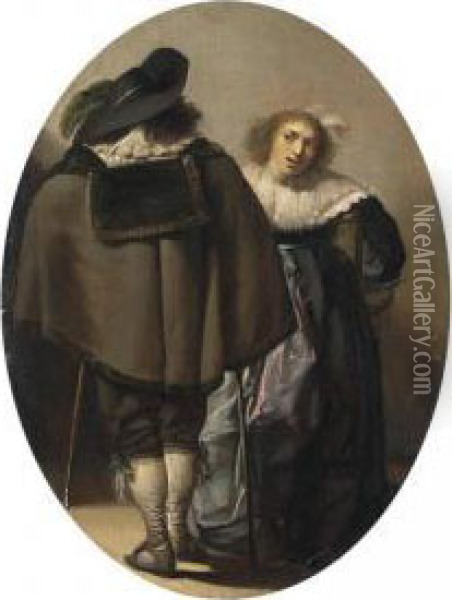 An Elegant Couple Conversing In An Interior Oil Painting - Pieter Codde
