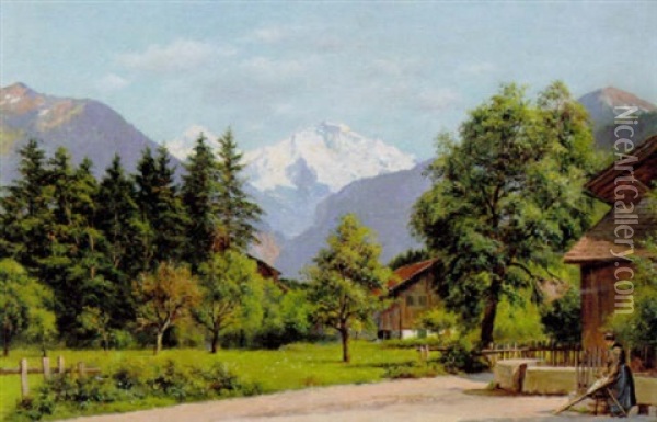 Parti Fra Interlaken Med Sneklaedte Bjergtinder I Baggrunden Oil Painting - August Fischer