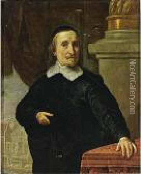 A Portrait Of A Gentleman, 
Standing Half-length, Wearing A Black Coat With A White Lace Collar, 
Leaning With His Hand On A Table Draped With A Tapestry Oil Painting - Gonzales Cocques