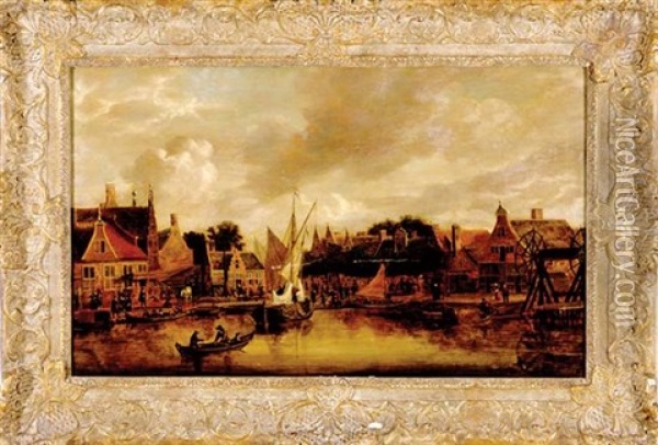 Dutch Harbor Scene Oil Painting - Jan Van Der Heyden