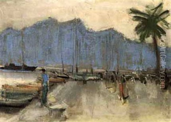 Hafenquai Mit Palme Oil Painting - Ernst Traugott Schiess