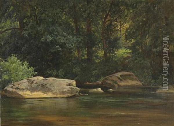 Fisherman's Rock Near Wawasett
Signed And Dated 
Carl Weber Oil Painting - Carl Weber