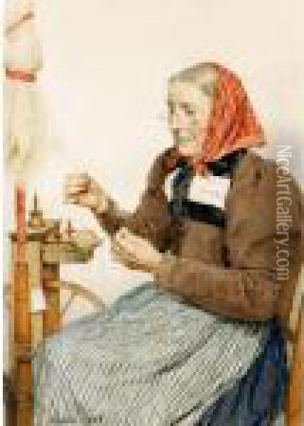 Grossmutter Am Spinnrad, 1906 
Grandmother Spinning, 1906 Oil Painting - Albert Anker