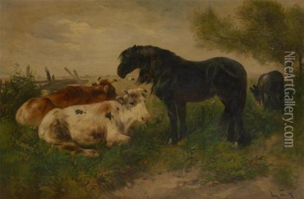Vaches, Cheval Et Ane A La Barriere Oil Painting - Henry Schouten