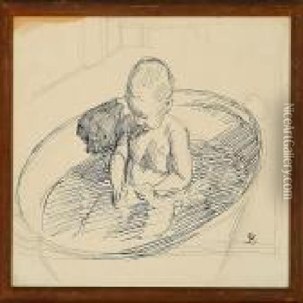 One Of The Artist's Children In A Bath Oil Painting - Fritz Syberg