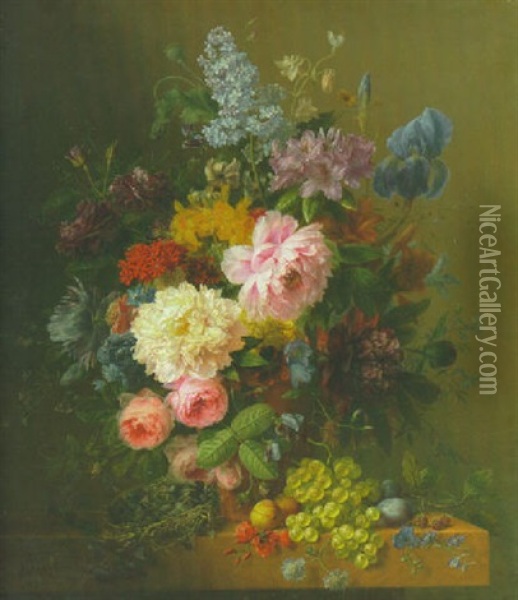 Flowers In A Vase On A Ledge Laden With Fruit And A Bird's Nest Oil Painting - Arnoldus Bloemers