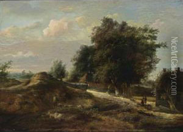 A Dune Landscape With A Shepherd And His Sheep On A Path And Travellers With A Dog Resting Near A Farm Oil Painting - Gerrit van Hees