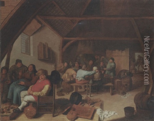 Tavern Interior With Figures Resting By A Fire And Others Eating And Drinking Oil Painting - Jan Miense Molenaer