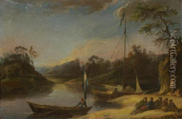 Rastende Fischer In Abendlicher Flusslandschaft. Oil Painting - Thomas Luny