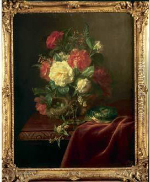 Bouquet De Fleurs Et Nid Sur Un Entablement Oil Painting - Jean-Louis Bonthoux