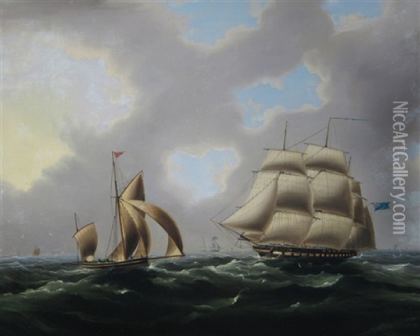 A Naval Frigate And A Yawl In The Channel Oil Painting - Thomas Buttersworth